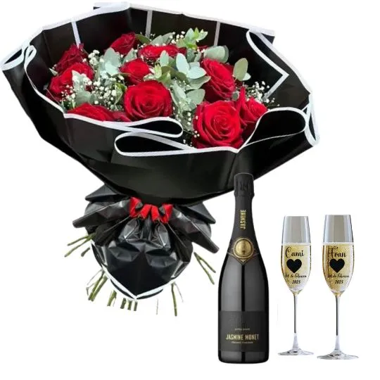 Ramo de 12 rosas rojas con espumante y 2 copas personalizadas